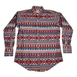 Ely Cattleman Shirt Mens L Western Southwestern Aztec Flannel Pearl Snap Red